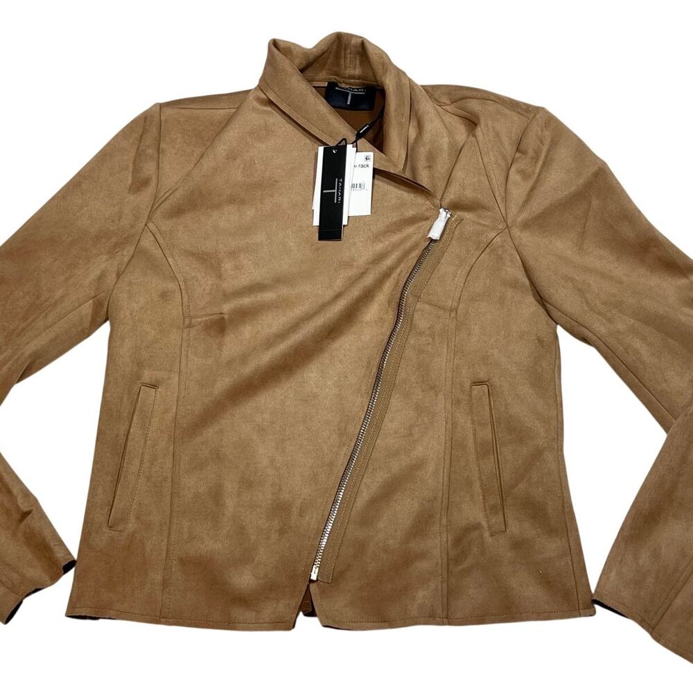 Tahari Faux Suede Moto Jacket Womens Small Asymmetrical Zip Brown New